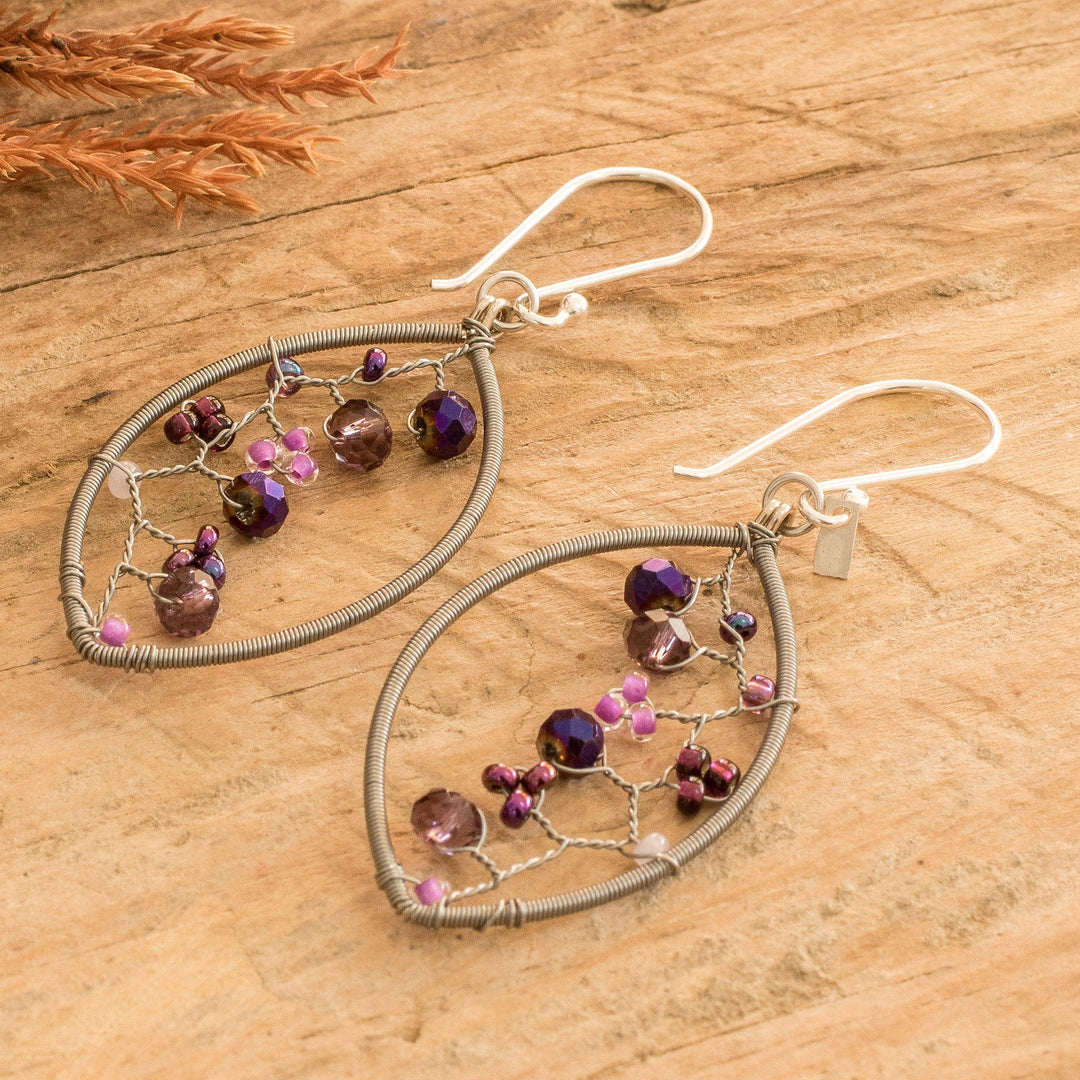 Purple Crystal and Glass Beaded Dangle Earrings with Hooks - Purple Crystal Web