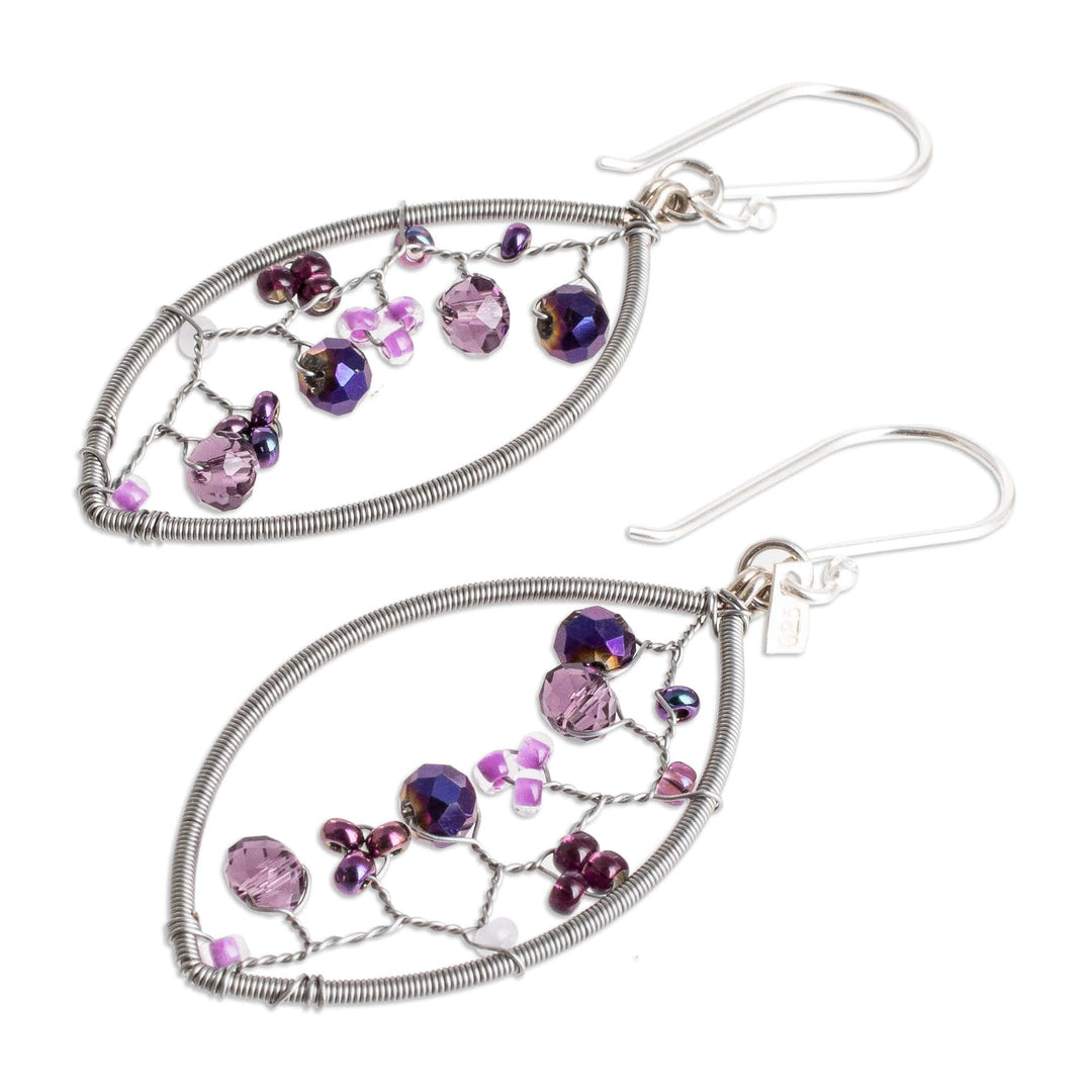 Purple Crystal and Glass Beaded Dangle Earrings with Hooks - Purple Crystal Web