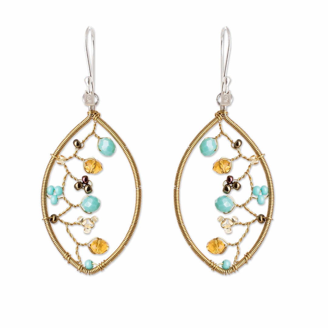 Golden-Toned Crystal and Glass Beaded Dangle Earrings - Glorious Crystal Web