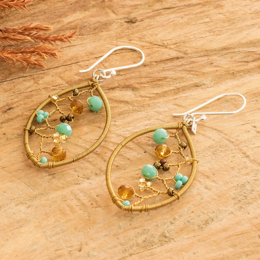 Golden-Toned Crystal and Glass Beaded Dangle Earrings - Glorious Crystal Web