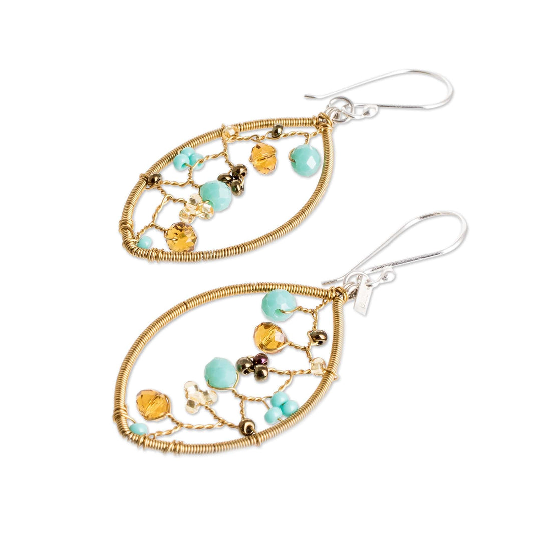 Golden-Toned Crystal and Glass Beaded Dangle Earrings - Glorious Crystal Web