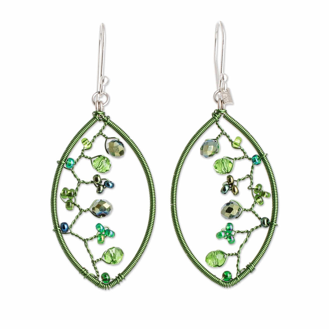 Green Crystal and Glass Beaded Dangle Earrings with Hooks - Green Crystal Web