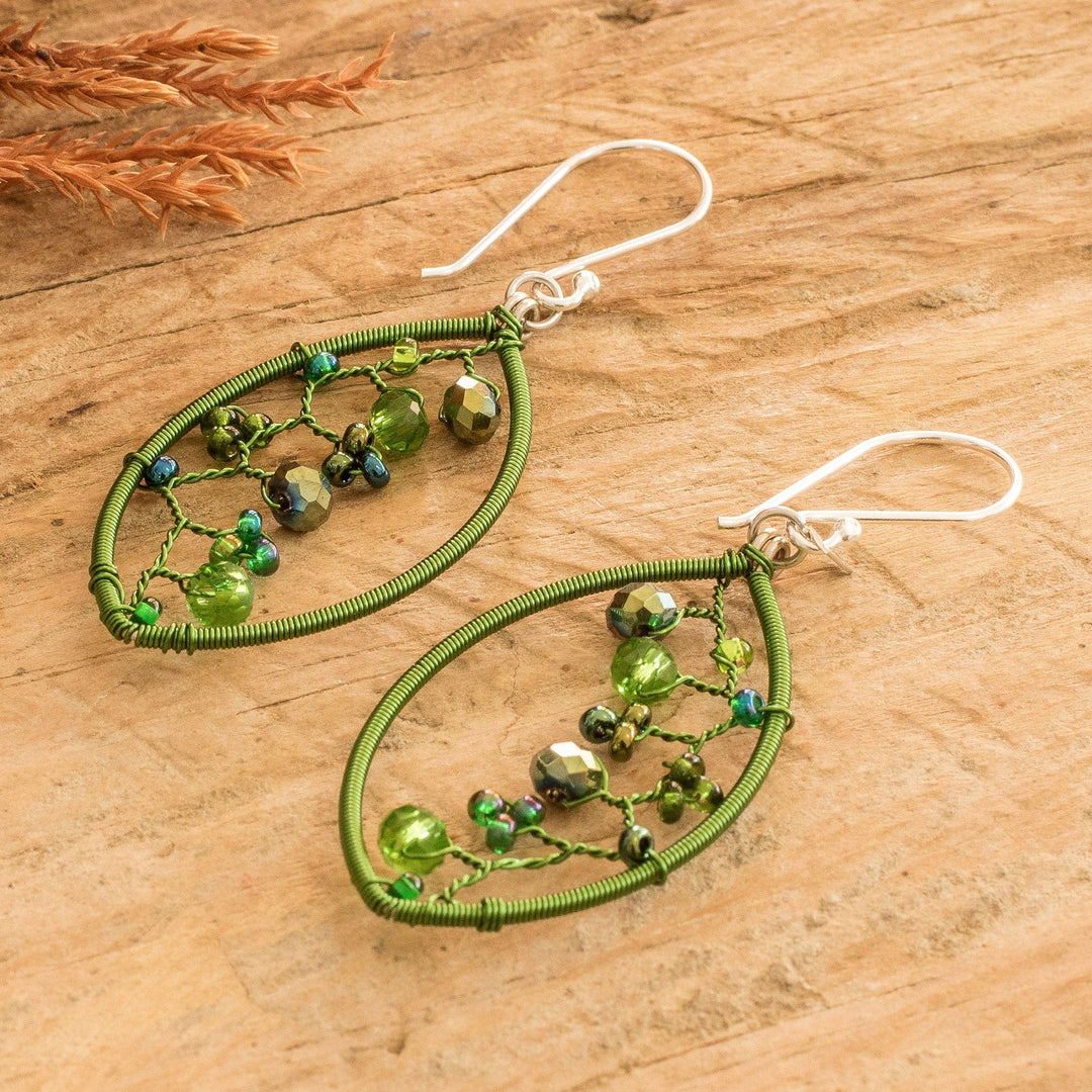 Green Crystal and Glass Beaded Dangle Earrings with Hooks - Green Crystal Web