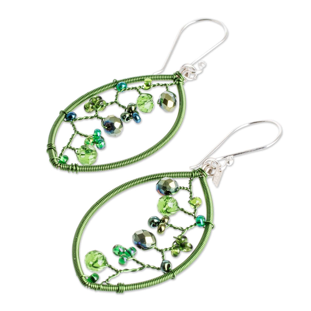 Green Crystal and Glass Beaded Dangle Earrings with Hooks - Green Crystal Web