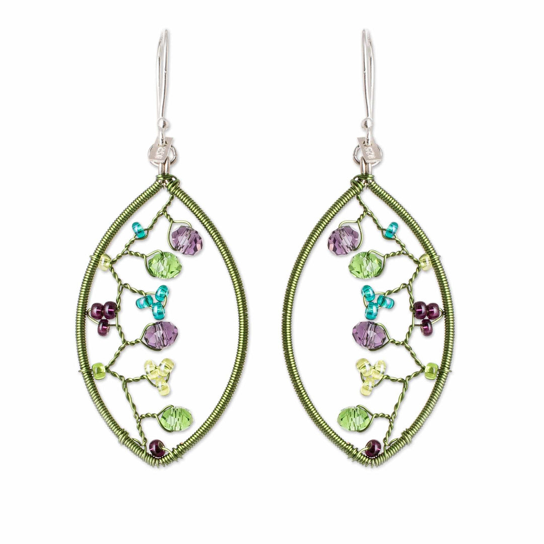 Green and Purple Crystal and Glass Beaded Dangle Earrings - Eden's Crystal Web