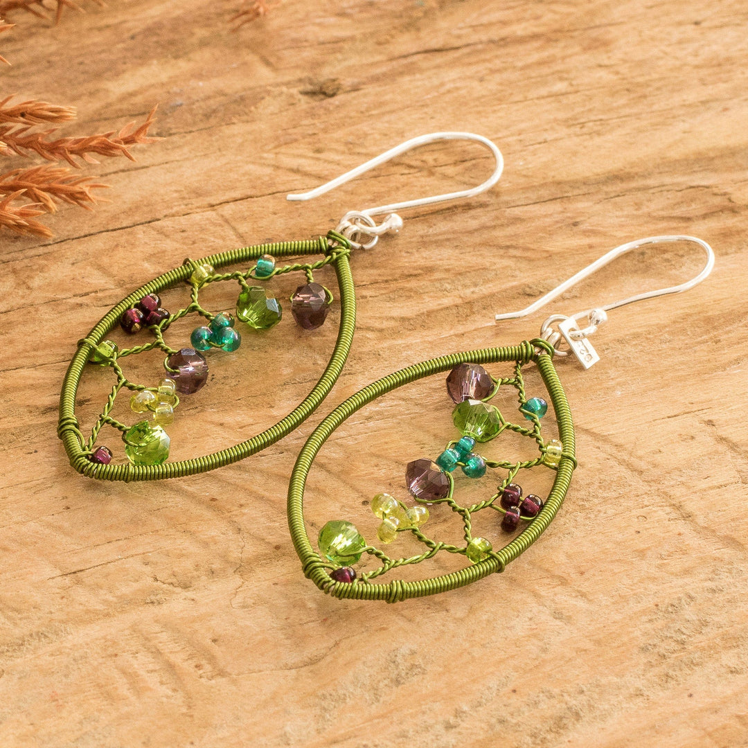 Green and Purple Crystal and Glass Beaded Dangle Earrings - Eden's Crystal Web
