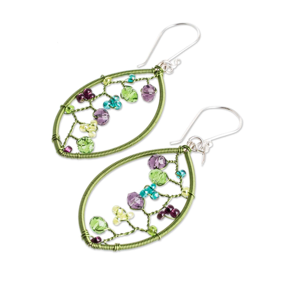 Green and Purple Crystal and Glass Beaded Dangle Earrings - Eden's Crystal Web
