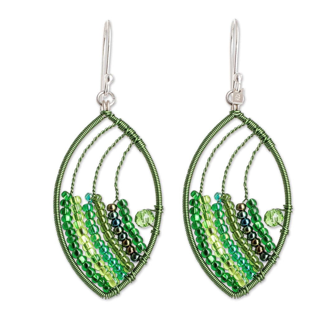 Handmade Crystal & Glass Beaded Dangle Earrings in Green - Fashionable Green
