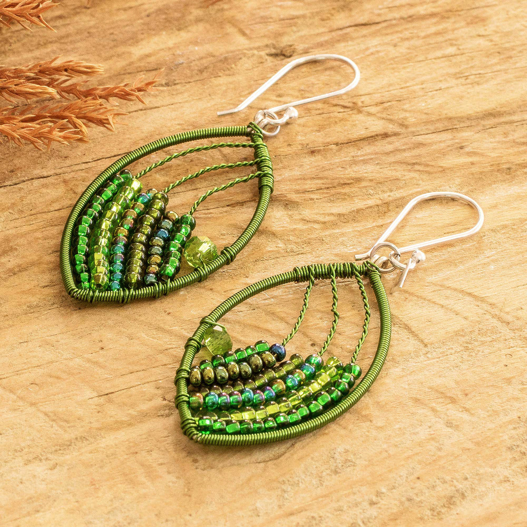 Handmade Crystal & Glass Beaded Dangle Earrings in Green - Fashionable Green
