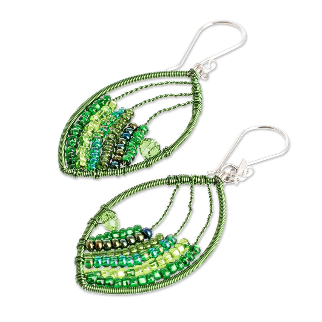 Handmade Crystal & Glass Beaded Dangle Earrings in Green - Fashionable Green