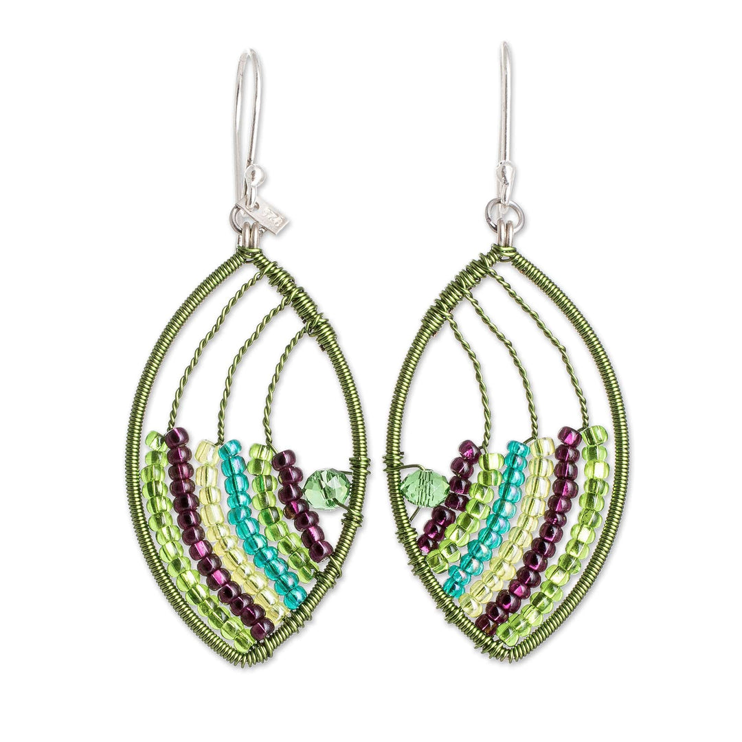 Handmade Green Purple Crystal & Glass Beaded Dangle Earrings - Fashionable Style