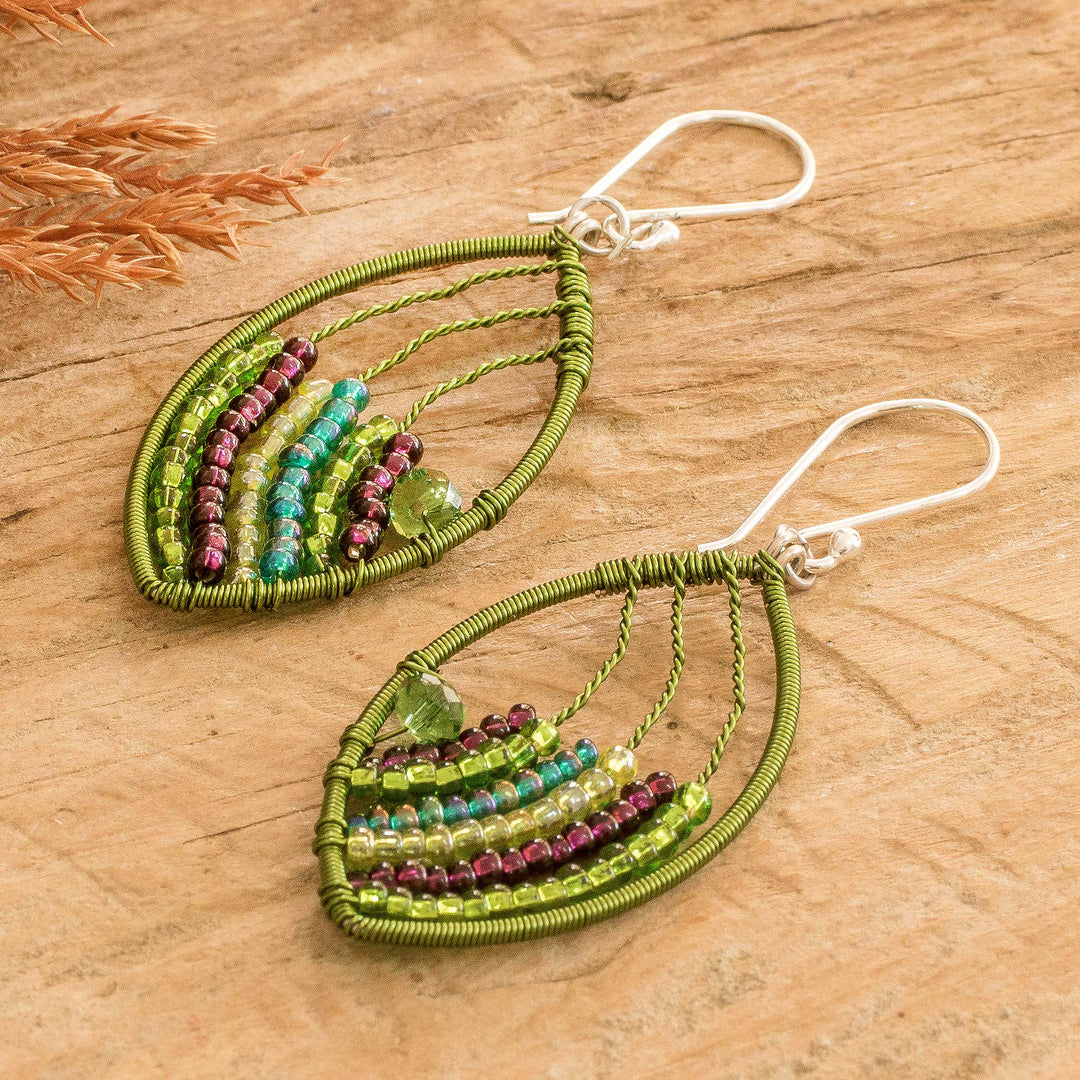 Handmade Green Purple Crystal & Glass Beaded Dangle Earrings - Fashionable Style