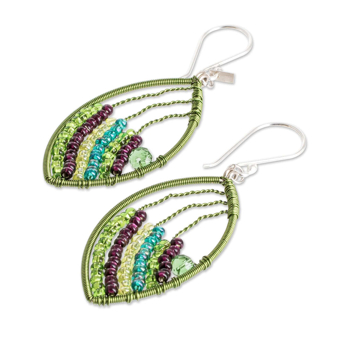 Handmade Green Purple Crystal & Glass Beaded Dangle Earrings - Fashionable Style