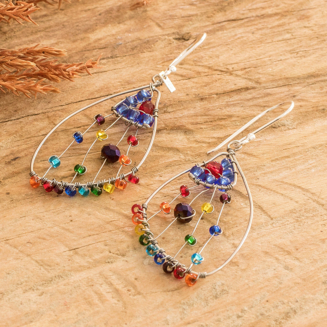 Crystal & Glass Beaded Butterfly Wing Shaped Dangle Earrings - Colorful Wings of Freedom