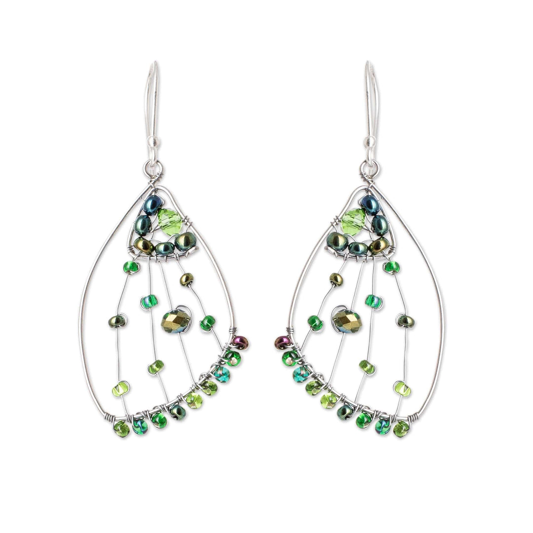 Green Crystal & Glass Beaded Butterfly Wing Dangle Earrings - Green Wings of Freedom
