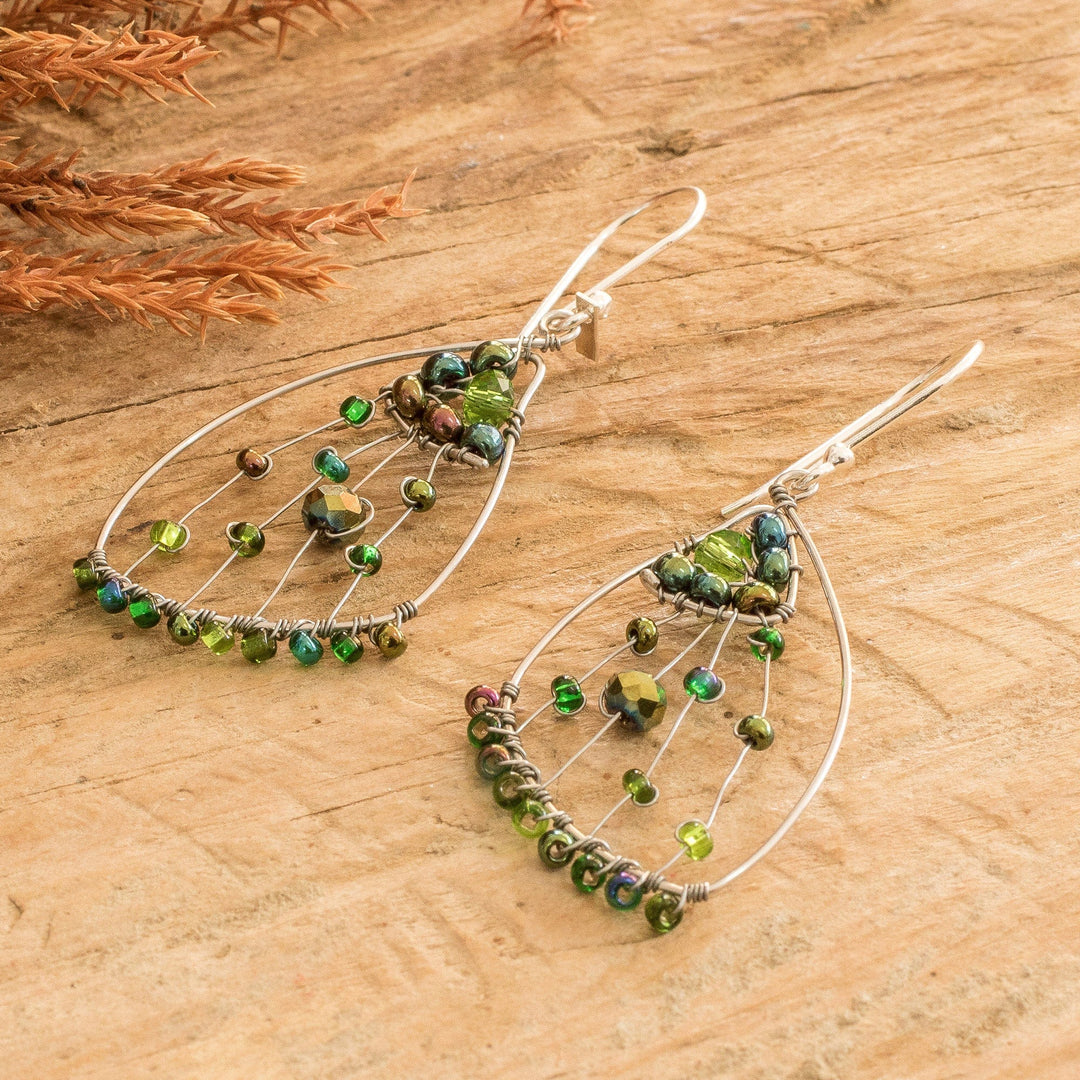 Green Crystal & Glass Beaded Butterfly Wing Dangle Earrings - Green Wings of Freedom