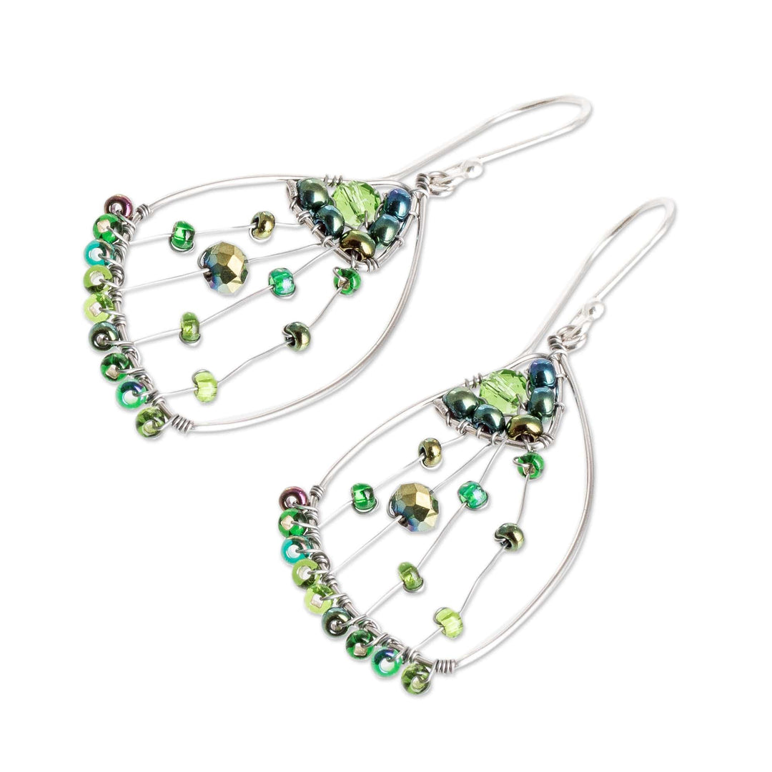 Green Crystal & Glass Beaded Butterfly Wing Dangle Earrings - Green Wings of Freedom