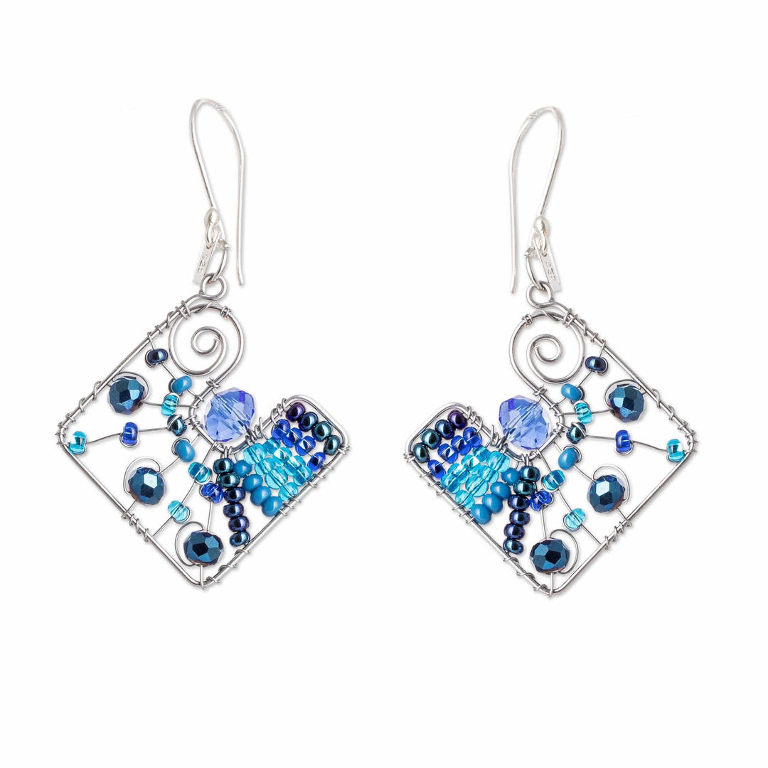 Geometric Blue Crystal and Glass Beaded Dangle Earrings - Harmonious Blue Constellation