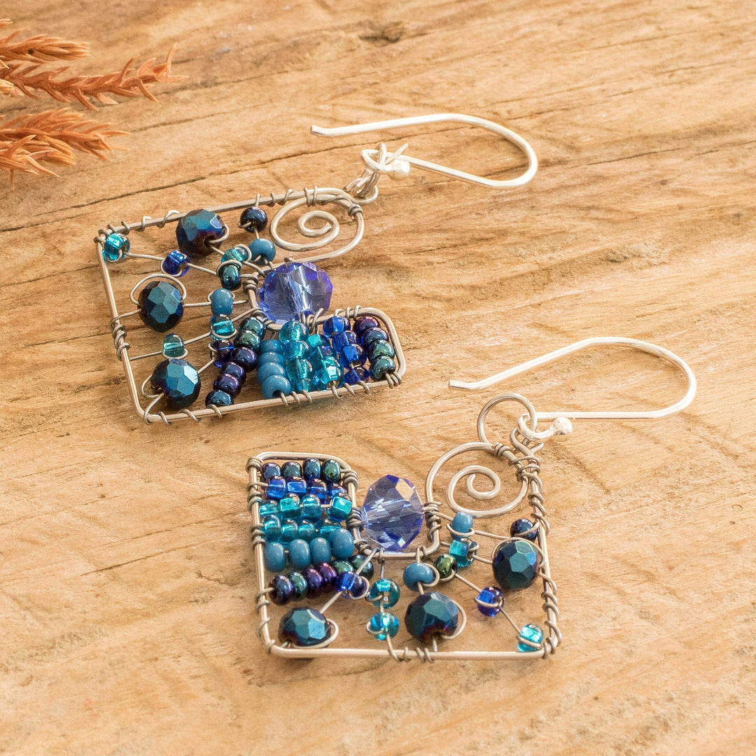 Geometric Blue Crystal and Glass Beaded Dangle Earrings - Harmonious Blue Constellation