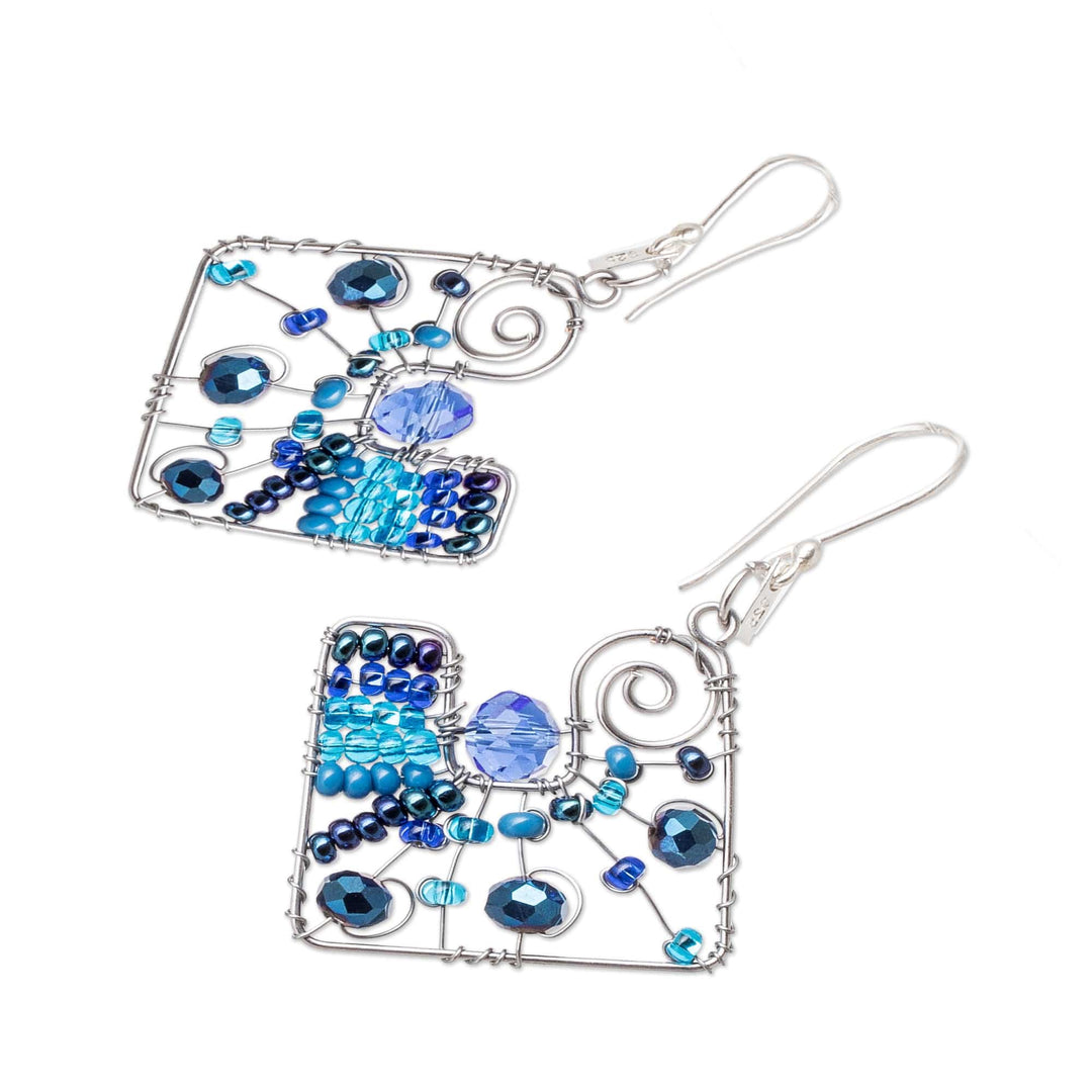 Geometric Blue Crystal and Glass Beaded Dangle Earrings - Harmonious Blue Constellation