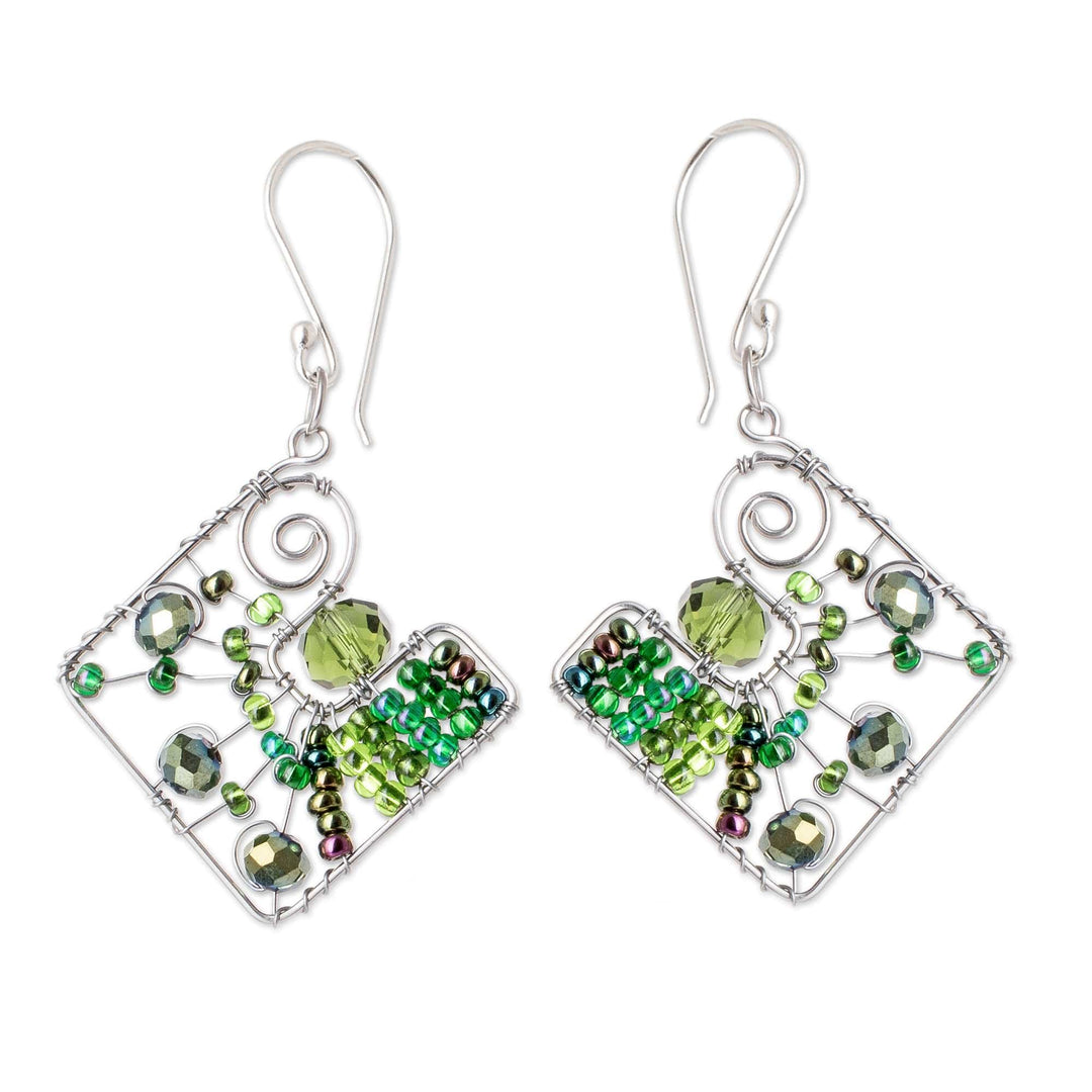Geometric Green Crystal and Glass Beaded Dangle Earrings - Harmonious Green Constellation