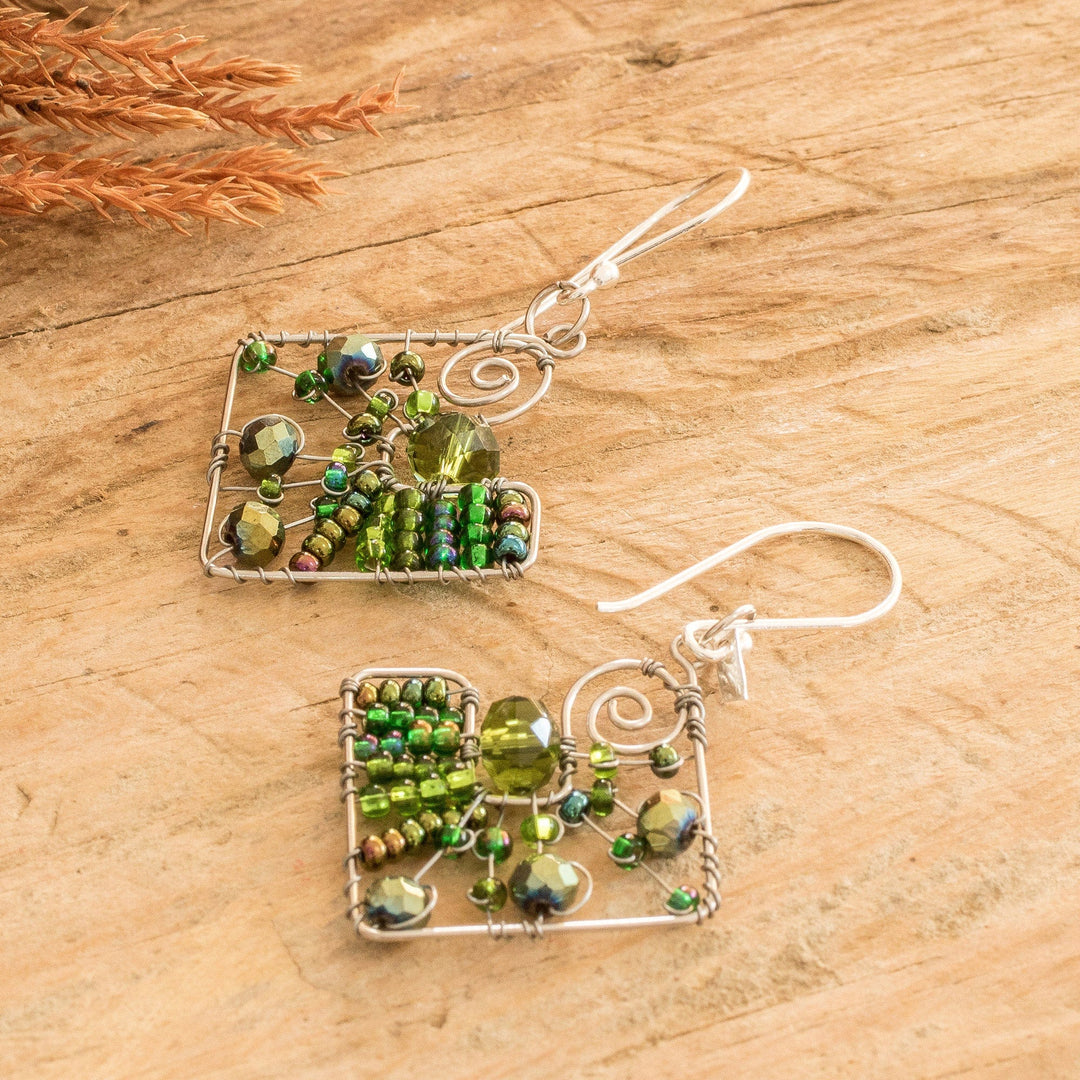 Geometric Green Crystal and Glass Beaded Dangle Earrings - Harmonious Green Constellation