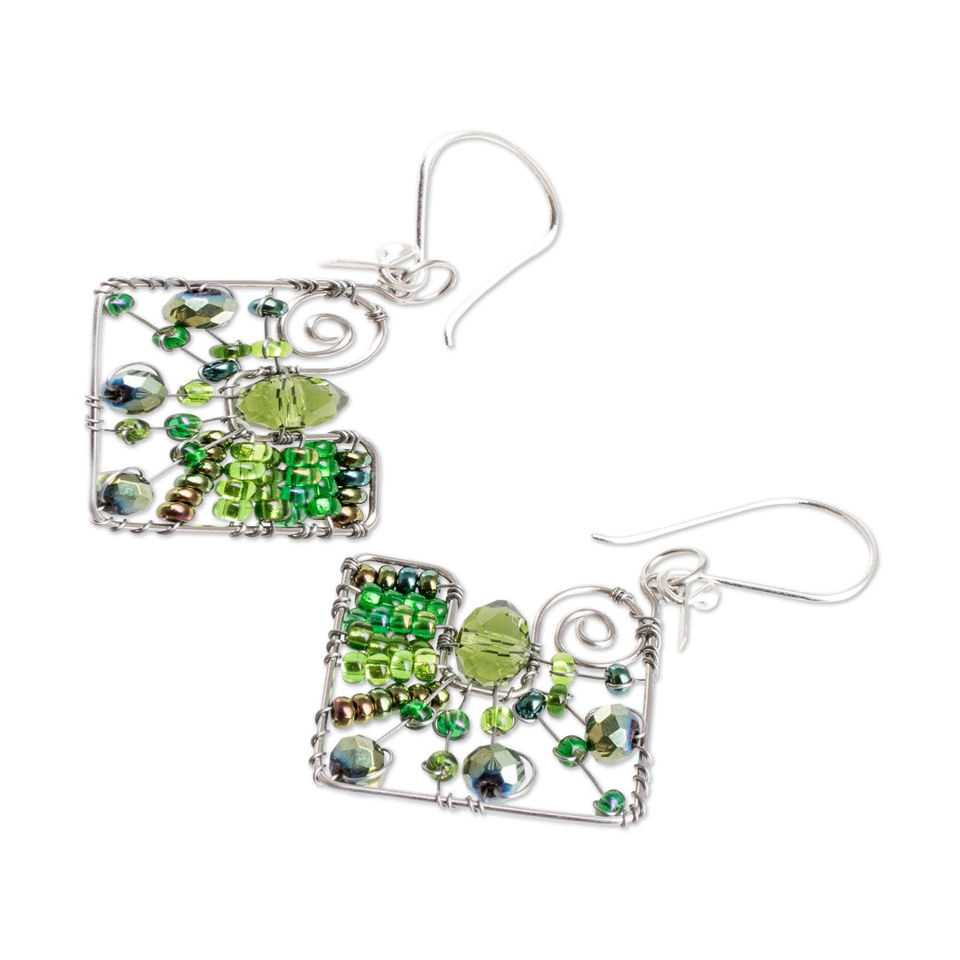 Geometric Green Crystal and Glass Beaded Dangle Earrings - Harmonious Green Constellation
