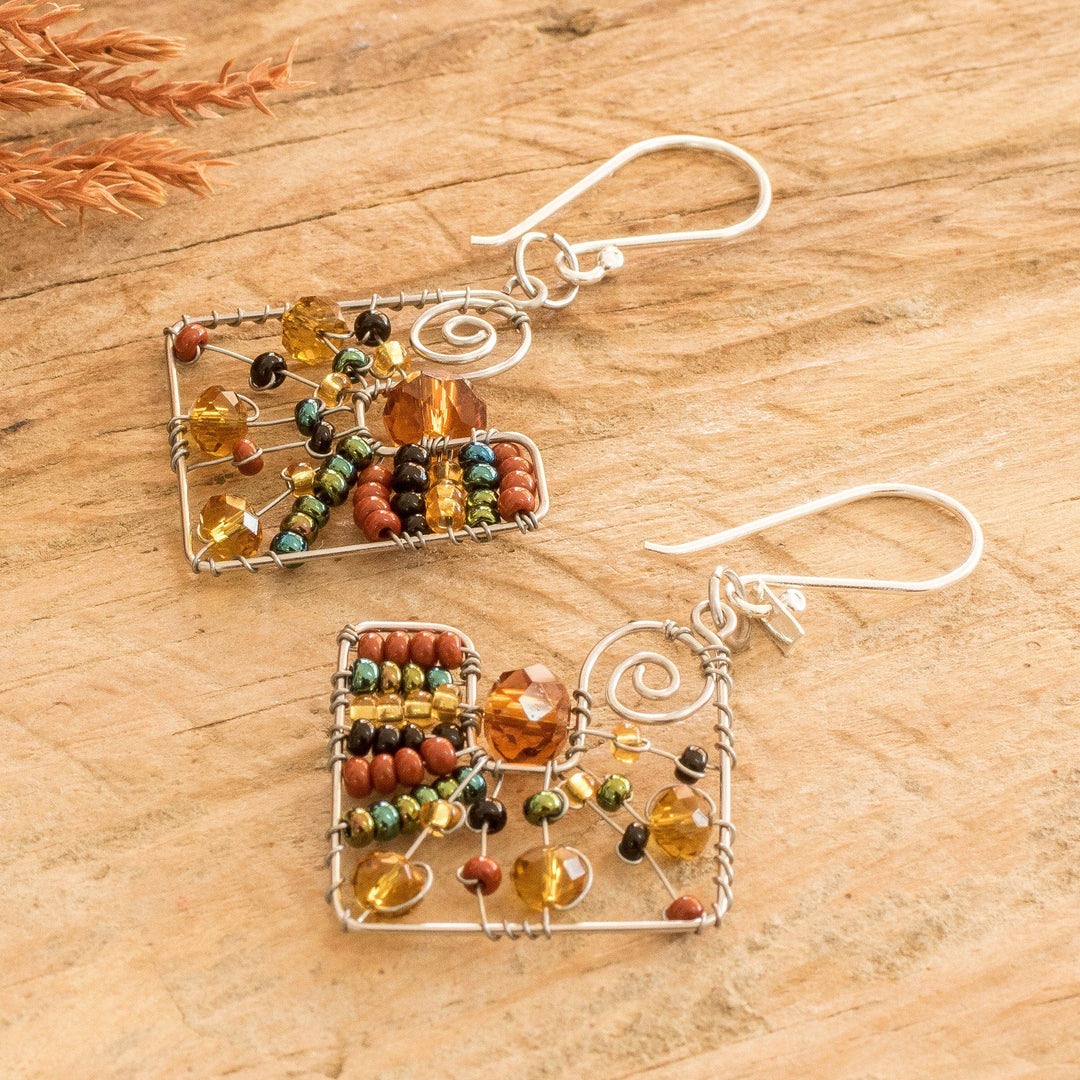 Geometric Brown Crystal and Glass Beaded Dangle Earrings - Harmonious Brown Constellation