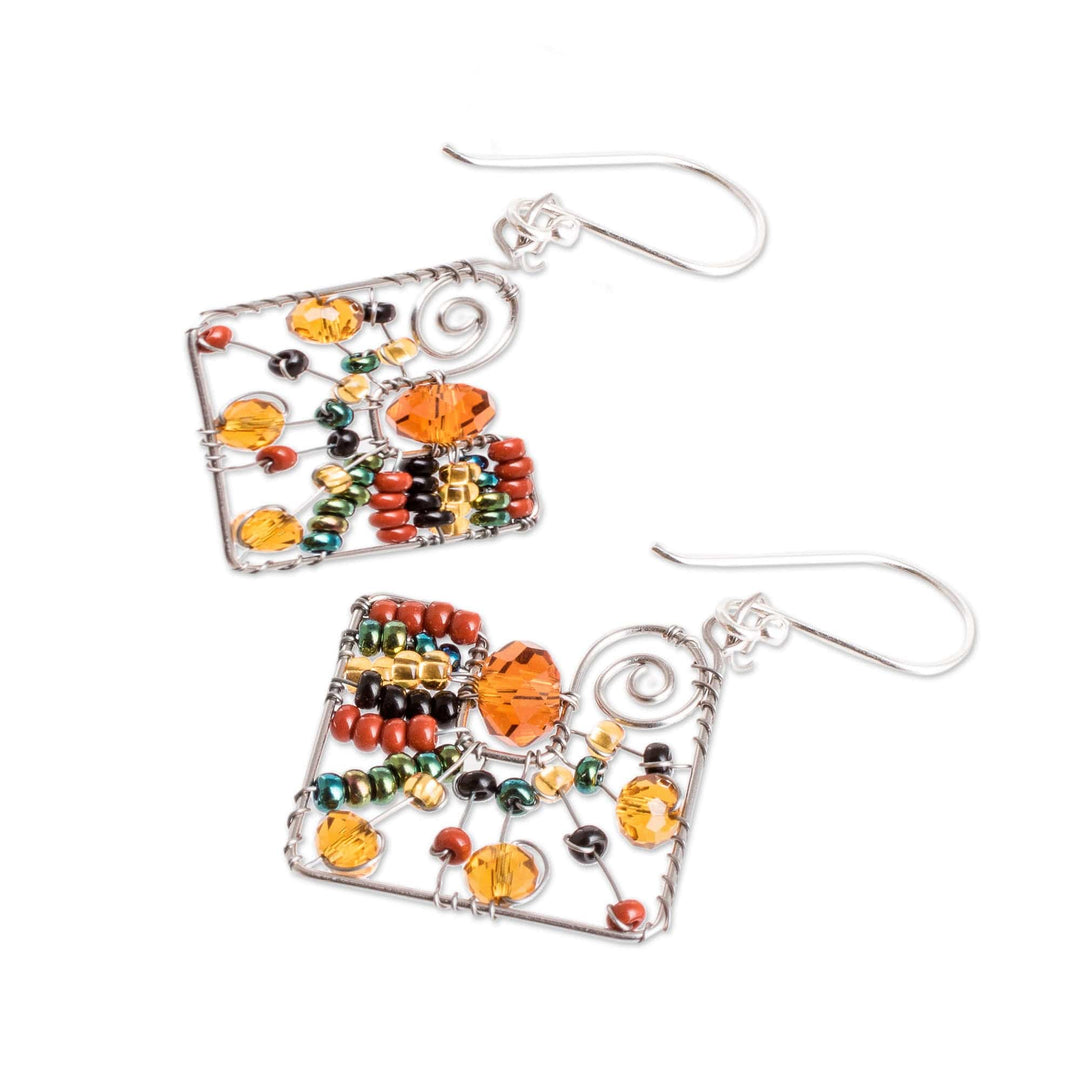 Geometric Brown Crystal and Glass Beaded Dangle Earrings - Harmonious Brown Constellation