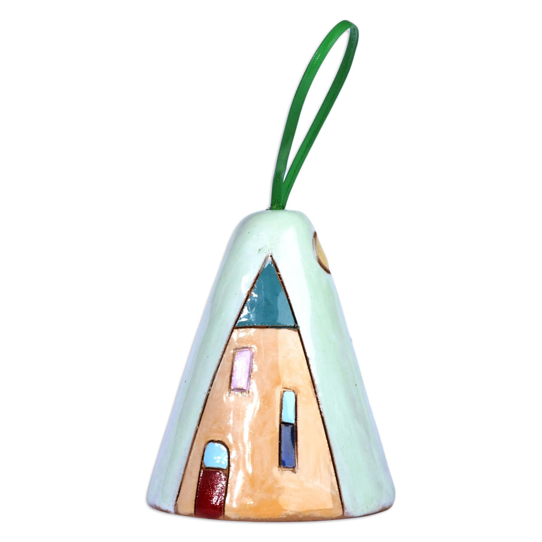 Handmade Glazed Ceramic Bell Ornament with House Motif - House and Nature