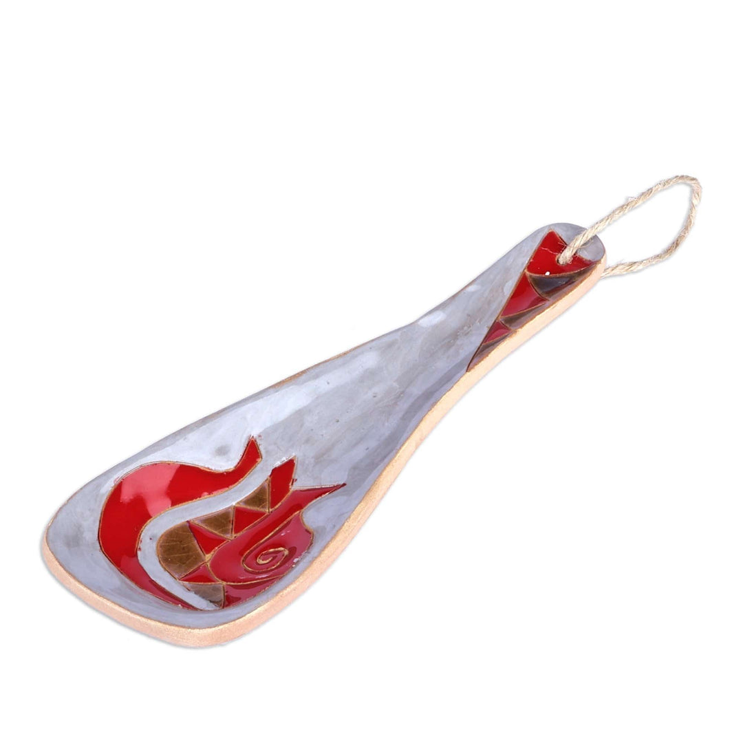 Pomegranate-Themed Painted Grey Ceramic Spoon Rest - Romance Flavors in Grey