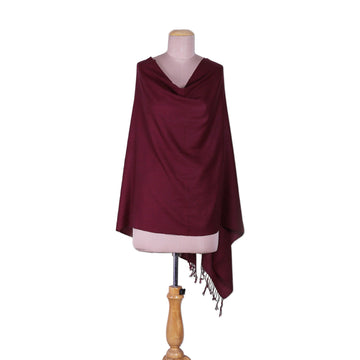 Fringed Wine Wool Shawl with Hand-Woven Geometric Motifs - Winter Warmth in Wine