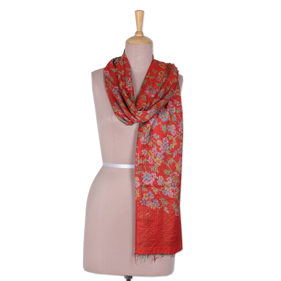 Embroidered Floral Red and Green Reversible Silk Scarf - Oneiric Flora