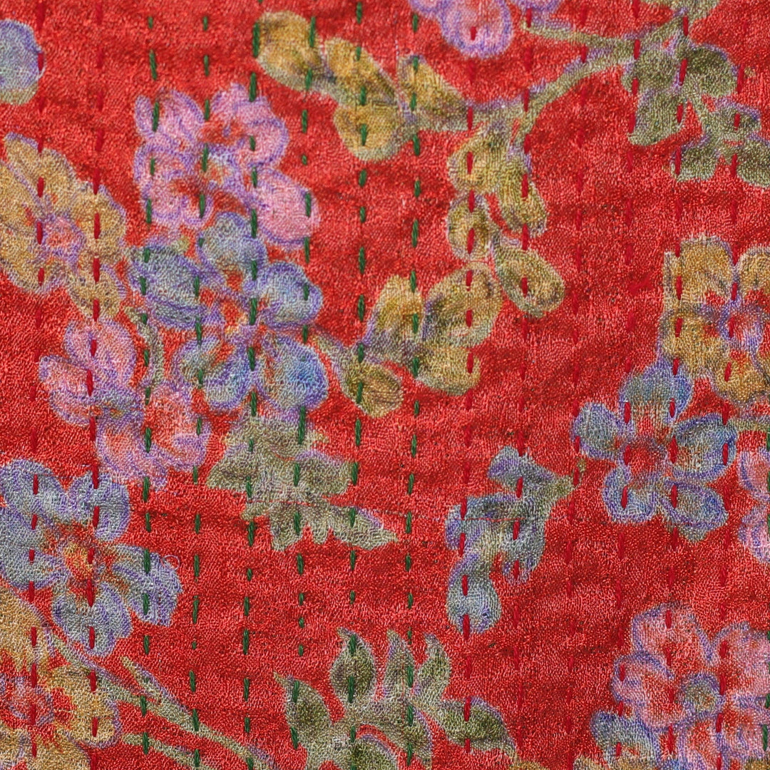 Embroidered Floral Red and Green Reversible Silk Scarf - Oneiric Flora