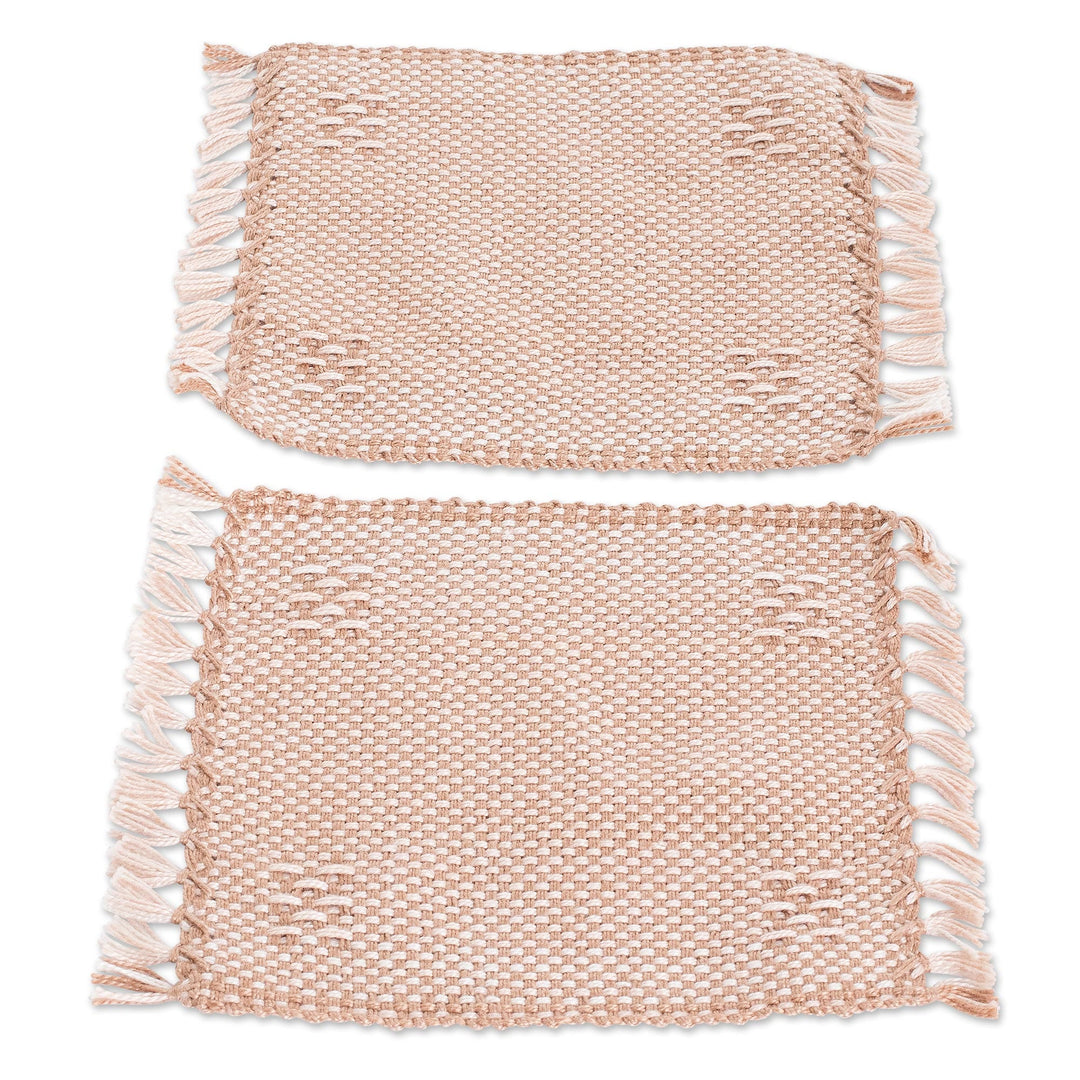 Pair of Handwoven Cotton Coasters in Beige with Fringes - Afternoon Tea