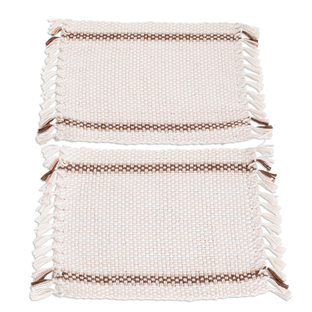 Pair of Handwoven Cotton Coasters in Brown and Ivory - Morning Tea