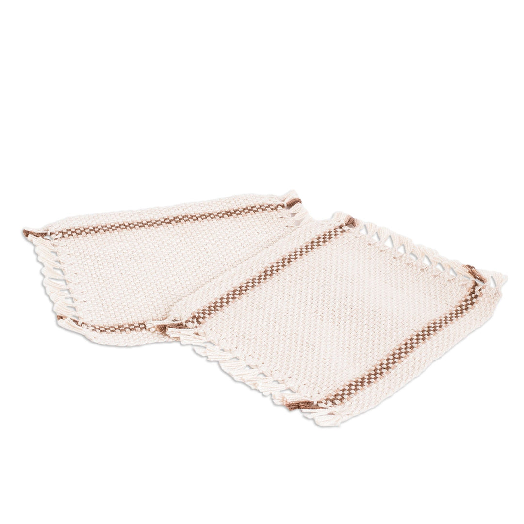 Pair of Handwoven Cotton Coasters in Brown and Ivory - Morning Tea