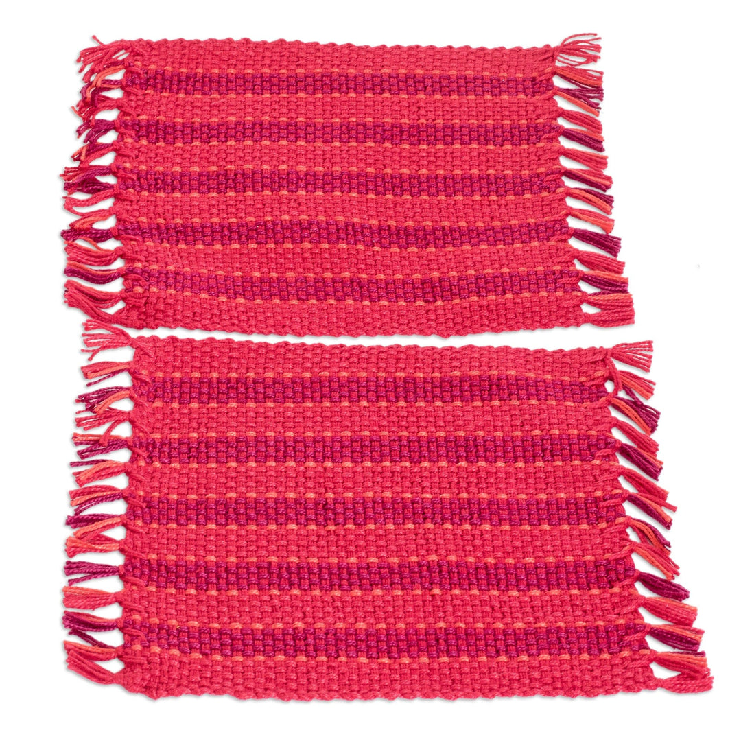 Pair of Handwoven Striped Cardinal Red Cotton Coasters - Red Fruits