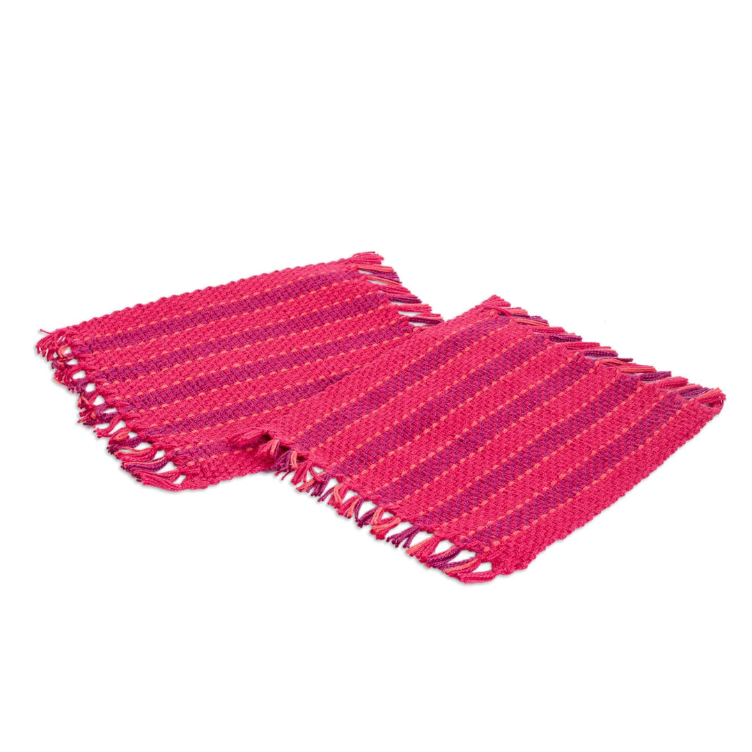 Pair of Handwoven Striped Cardinal Red Cotton Coasters - Red Fruits