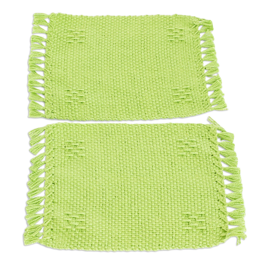Pair of Hand-Woven Cotton Coasters in Green with Fringes - Lemony Lime