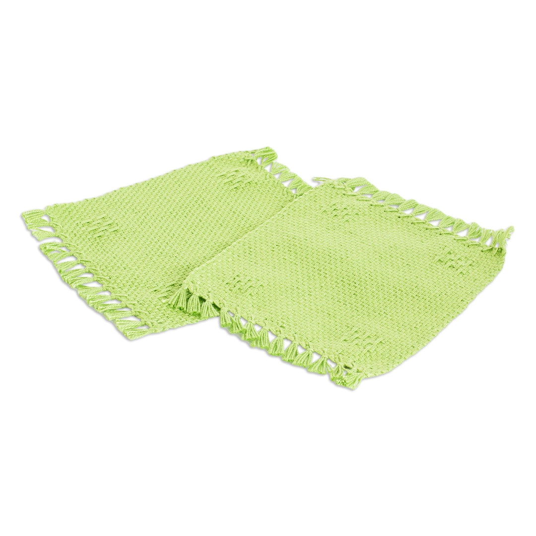 Pair of Hand-Woven Cotton Coasters in Green with Fringes - Lemony Lime