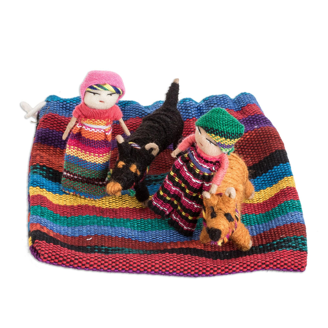 Set of 2 Handmade Cotton Worry Dolls and Dogs from Guatemala - Loyal Companions