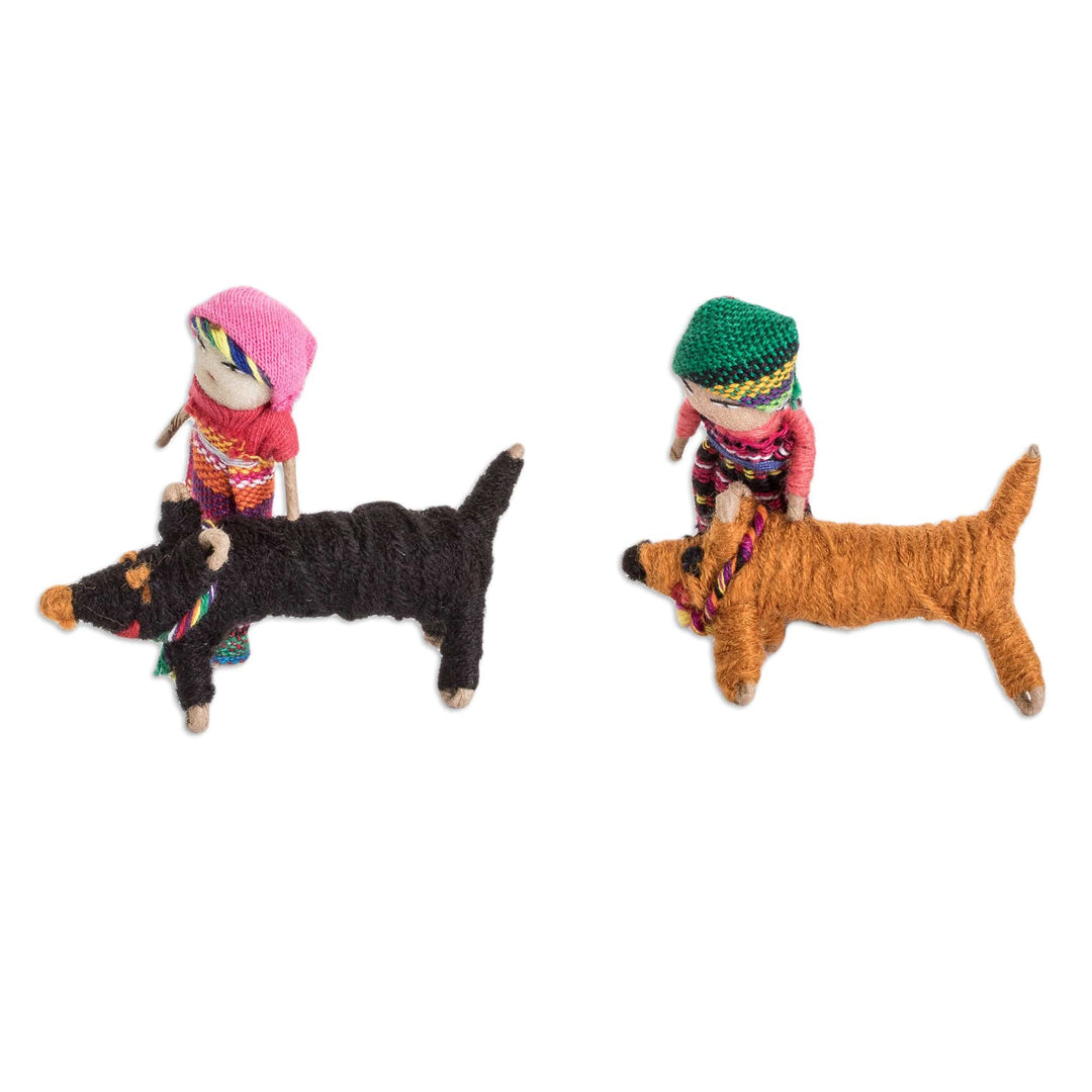Set of 2 Handmade Cotton Worry Dolls and Dogs from Guatemala - Loyal Companions