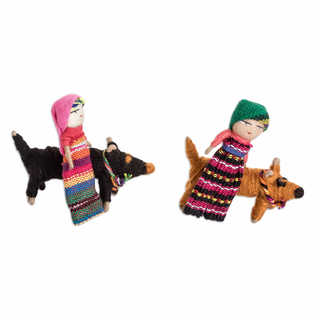 Set of 2 Handmade Cotton Worry Dolls and Dogs from Guatemala - Loyal Companions