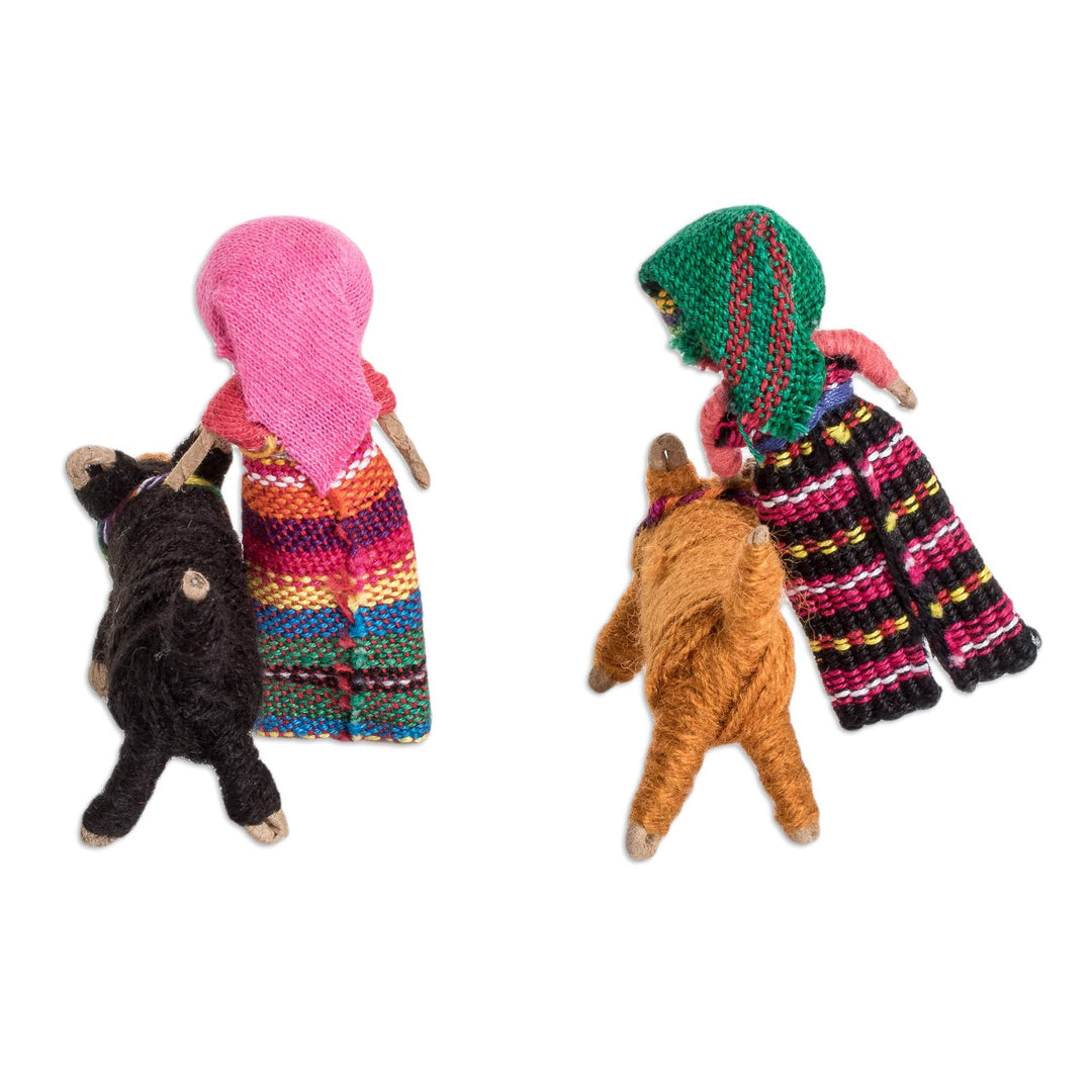 Set of 2 Handmade Cotton Worry Dolls and Dogs from Guatemala - Loyal Companions