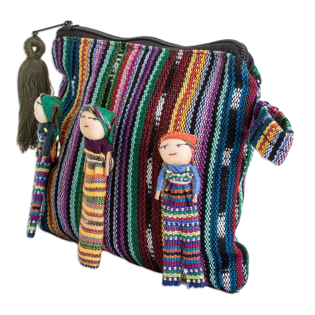 Handwoven Colorful Cotton Cosmetic Bag with Worry Dolls - Stylish Dolls