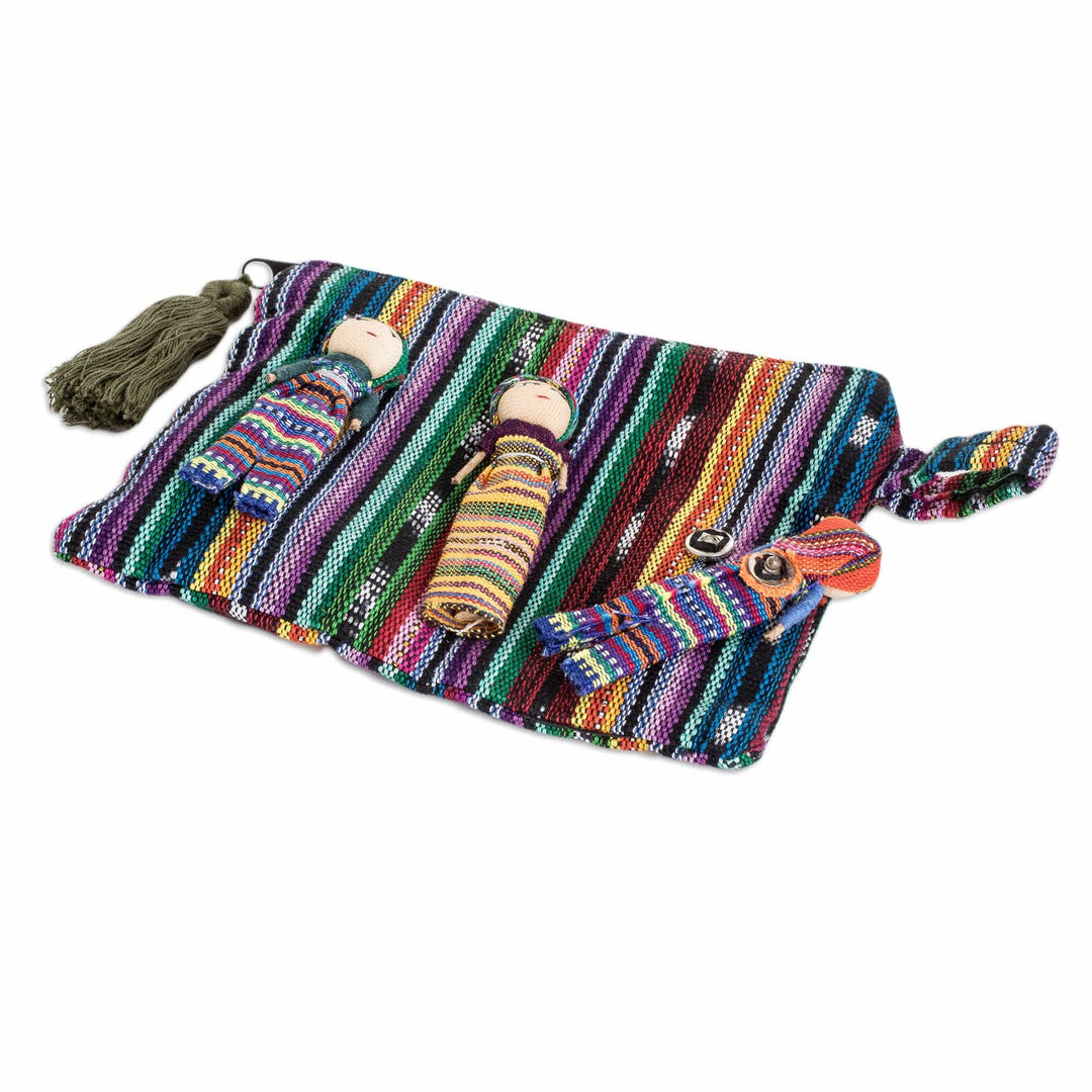 Handwoven Colorful Cotton Cosmetic Bag with Worry Dolls - Stylish Dolls