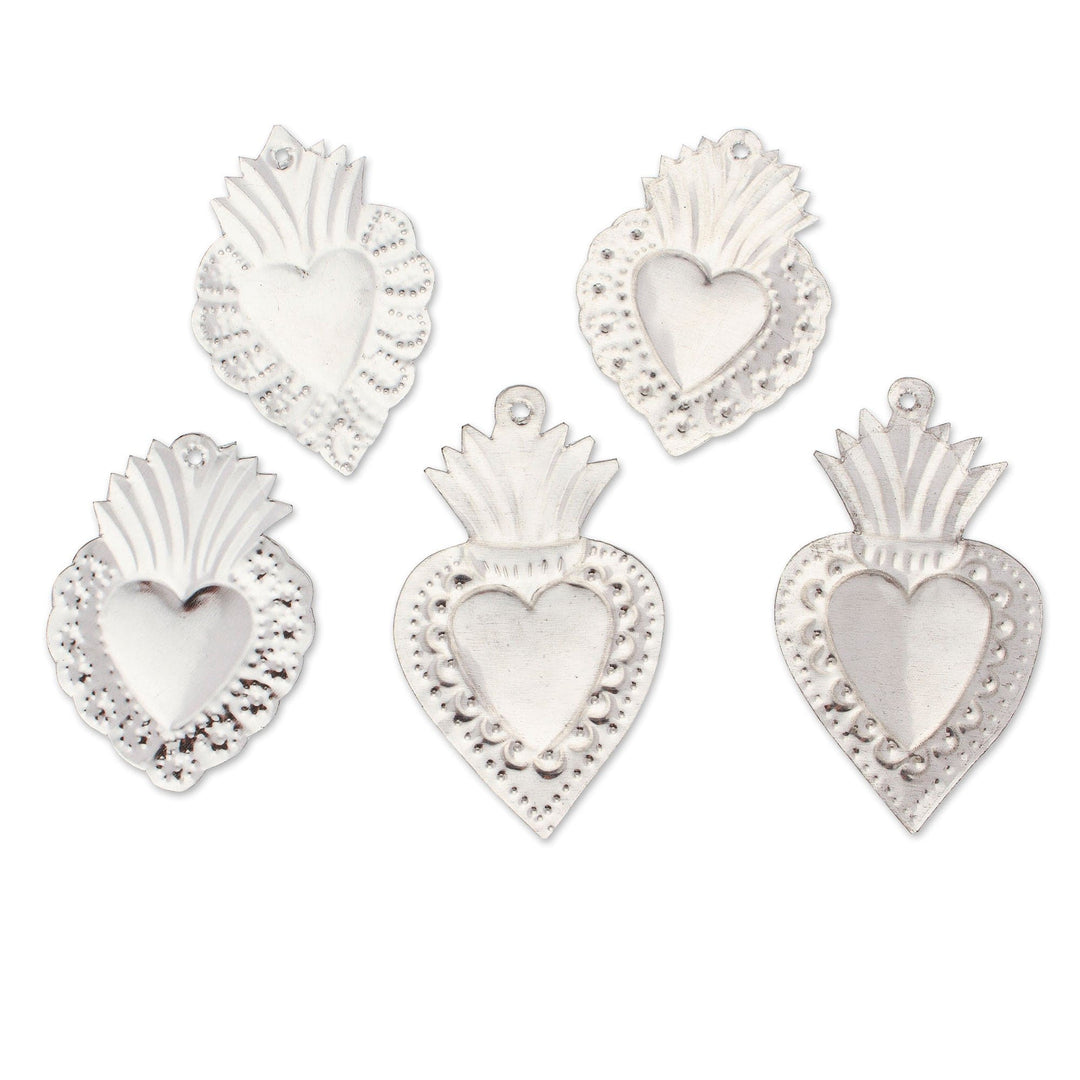 5 Handmade Heart-Shaped Repousse Tin Plated Steel Ornaments - Petite Hearts