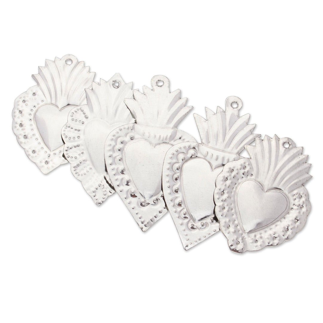 5 Handmade Heart-Shaped Repousse Tin Plated Steel Ornaments - Petite Hearts