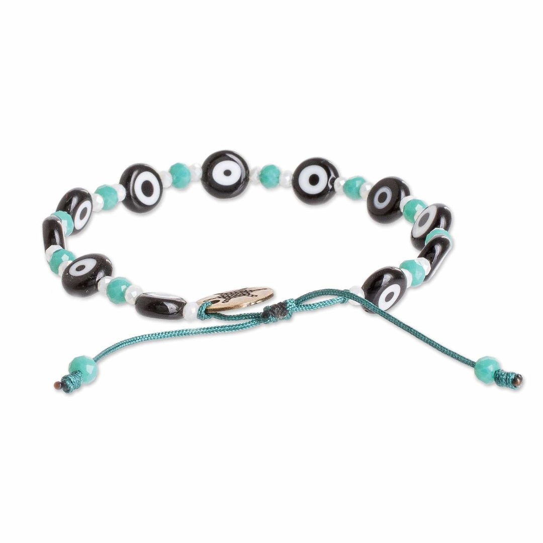 Crystal and Nazar Glass Beaded Bracelet in Teal Hues - Teal Protection